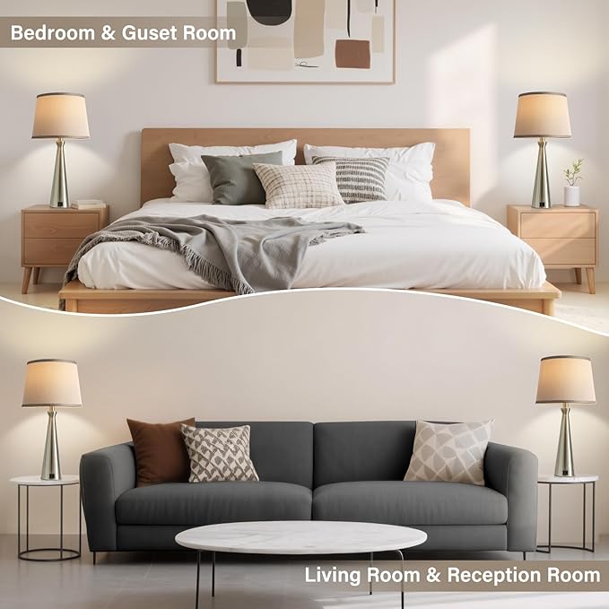 Seealle Modern Table Lamps Set of 2 - Touch Bedside Lamp for Nightstand with Dual USB C+A,3-Way Dimmable Silver Nightstand Lamps for Living Room Bedroom End Table with Grey Shade(Bulb Included)