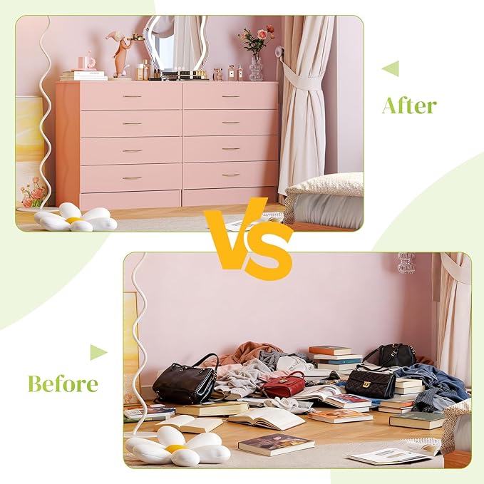 Karl home 4 Pink Drawer Dresser, Modern Chest of Drawers, Wood Bedside Table Night Table,Anti-Tipping Device, Rose Gold Metal Handle