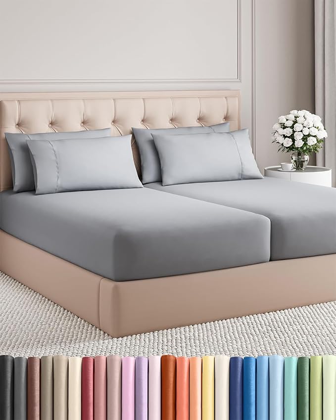 Split King 7 Piece Sheet Set - Cooling & Breathable - Hotel Luxury Bedding, Includes Fitted Sheets for Women, Men, Kids & Teens - 1 Flat, 2 Fitted Sheets, 4 Pillowcases w/Deep Pockets - Steel Blue
