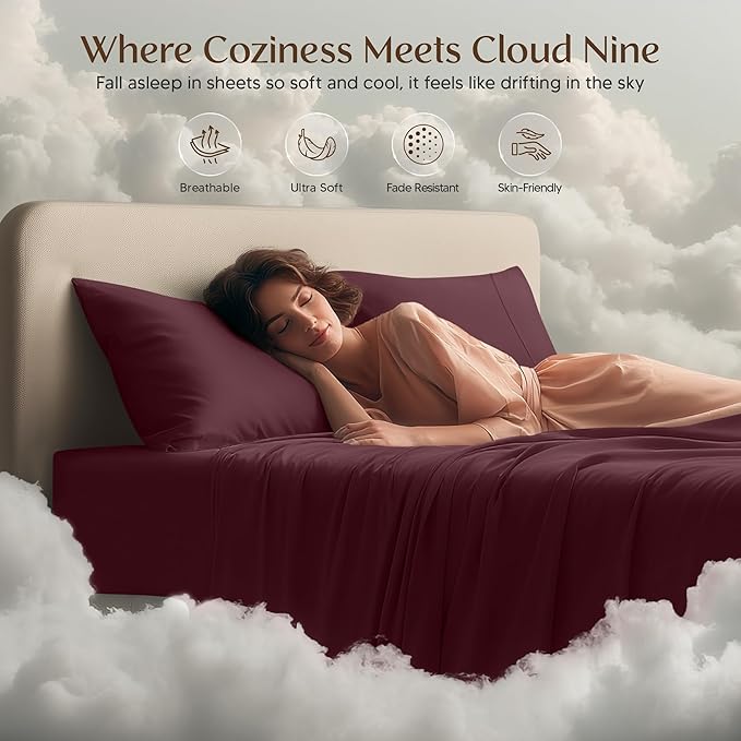 Utopia Bedding Queen Sheet Set – 4 Piece Bed Sheets for Queen Size Bed, Soft and Breathable Microfiber, Includes 1 Fitted Sheet, 1 Flat Sheet and 2 Pillowcases (Burgundy)