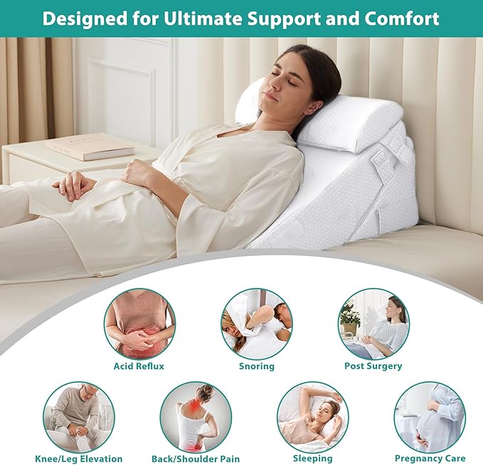 Bedluxe 3Pcs Orthopedic Bed Wedge Pillow Set, Foam Wedge Pillow Post Surgery for Back, Leg and Knee Support, Adjustable 9&12 Inch Folding Triangle Pillow for Sleeping, Acid Reflux, Snoring, White