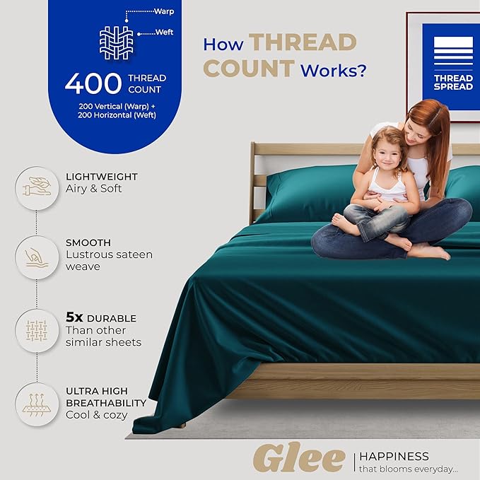 THREAD SPREAD Twin XL Sheets Set Cotton - 400 Thread Count 100% Cotton Twin XL Sheet Set, 3 PC Twin XL Sheets, Cooling & Luxury Sateen Sheets, 16" Deep Pocket Extra Soft Sateen Cotton Sheets (Teal)