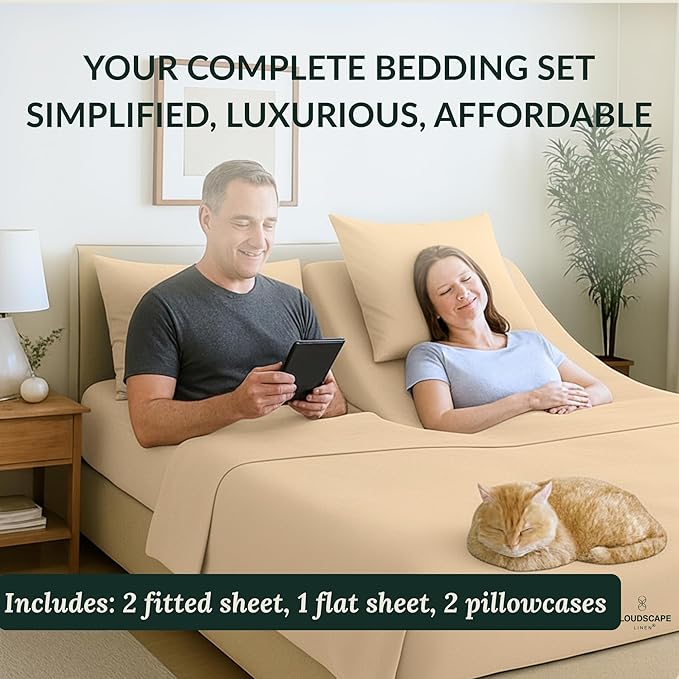 Cloud Scape Linen 100% Egyptian Cotton Split King Sheet Set for Adjustable Bed,400 Thread Count, 5 Pcs Bedding Set, Soft, Breathable and Durable, Deep Pockets up to 17, Linen
