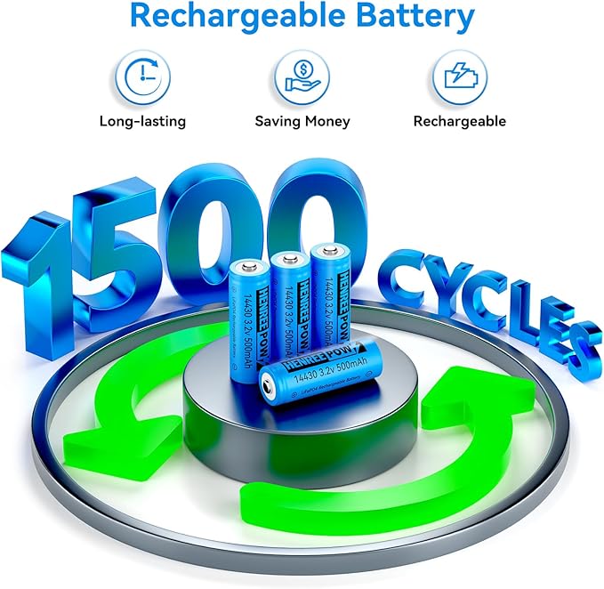 Henreepow LiFePo4 Battery 14430, 3.2v Rechargeable Solar Batteries, 500mAh LiFePo4 Battery for Outdoor Solar Garden Lights, Shaver, Flashlight, Toothbrush (6pack-Not AA Size)