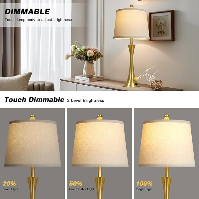 27.5" Gold Lamps for Living Room, Touch Control 3-Way Dimmable Bedside Nightstand Lamps Bedroom Lamp,Modern Gold Table Lamp with USB A+C Ports,Tall Lamps for Living Room End Table（1Pack）