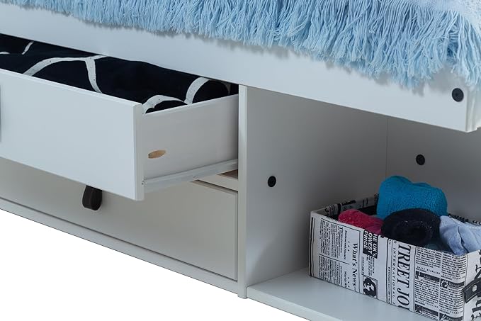 memomad Bali Slim Set: Storage Platform Bed with Drawers + Flat Panel Headboard (Full Size, White Wood)