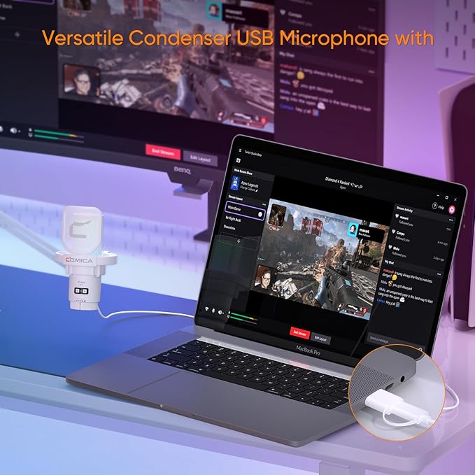 COMICA EJoy Uni USB Microphone for PC Gaming, Streaming, Podcast, YouTube, with Noise Cancellation, Mute, Gain, Monitoring - Condenser Mic for PS5, PS4, Mac, Computer (Boom Arm Mic) - White