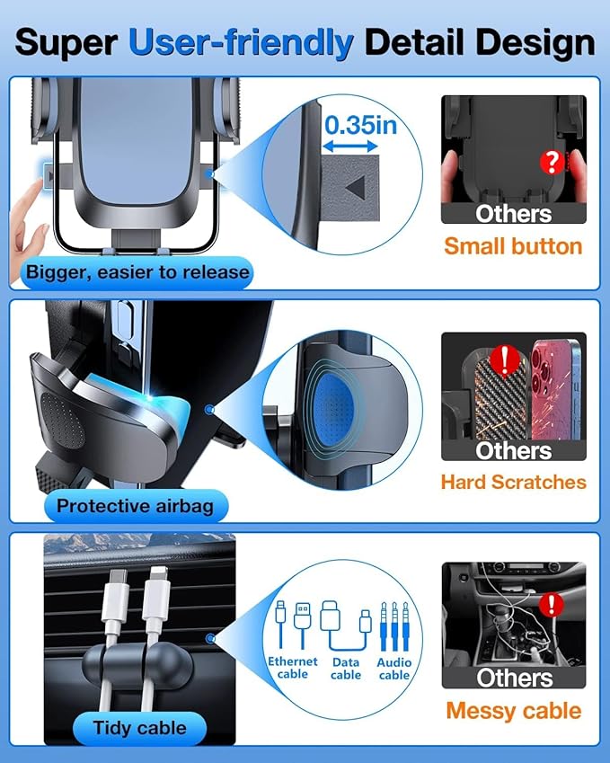 YRU [2025 Upgrade Extreme Strong Suction] Car Phone Holder Mount,[Bumpy Road Stable] Dashboard Cell Phone Holder for Car Vent Windshield Phone Stand for iPhone 16 15 14 13 Pro Max Samsung Truck, Grey