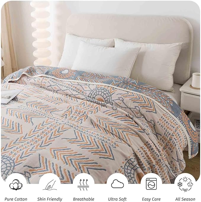 Qidordour Boho Throw Blanket, 80"x90" Muslin Blankets, 100% Organic Cotton Blanket for Couch Sofa, Lightweight Quilt, All Season Bed Throw, Farmhouse Home Decor, D-Indian Arrowhead