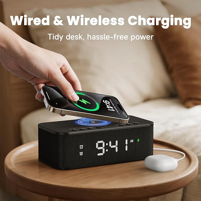 Digital Alarm Clock White Noise, Loud Digital Alarm Clocks Bedrooms, Alarm Clock Speaker Wireless Charger AUX USB Bluetooth Speaker 12/24H Dual Alarm Snooze Adjustable Brightness, Black