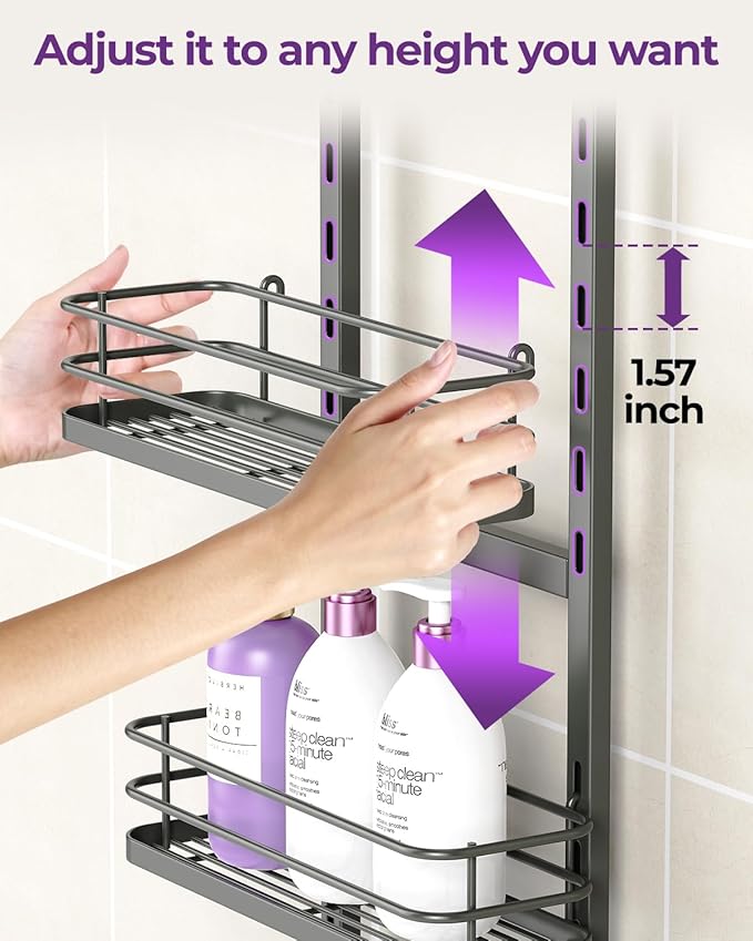 ODesign 4 Tier Height-Adjustable Shower Caddy Hanging Anti-Swing-Over The Shower Head Caddy-Showers Storage Organizer Bathroom Shelves Basket Showers Caddies-Grey