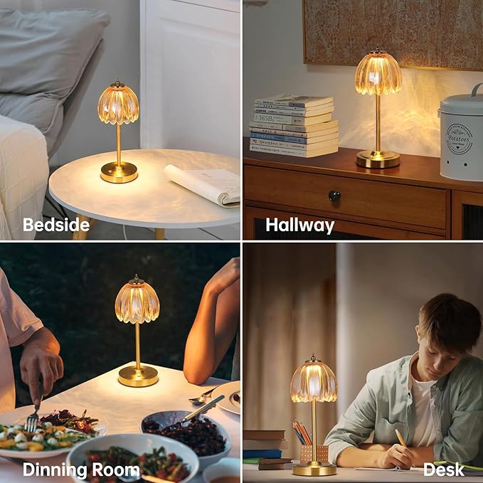 Set of 2 Tulip Table Lamp with 5000mAh Battery & Touch Control, Cordless Small Table Lamp with 3 Colors, Dimmable Rechargeable Table Lamps for Bedroom, Desk, Bedside (Amber Tulip)