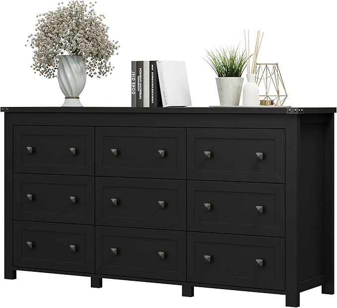 Dresser for Bedroom with 9 Drawers, Farmhouse Wood Chest of Drawers, Wide TV Stand Closet Storage Furniture with Metal Handle, Modern Clothes Organizer for Hallway, Living Room, Entryway, Black