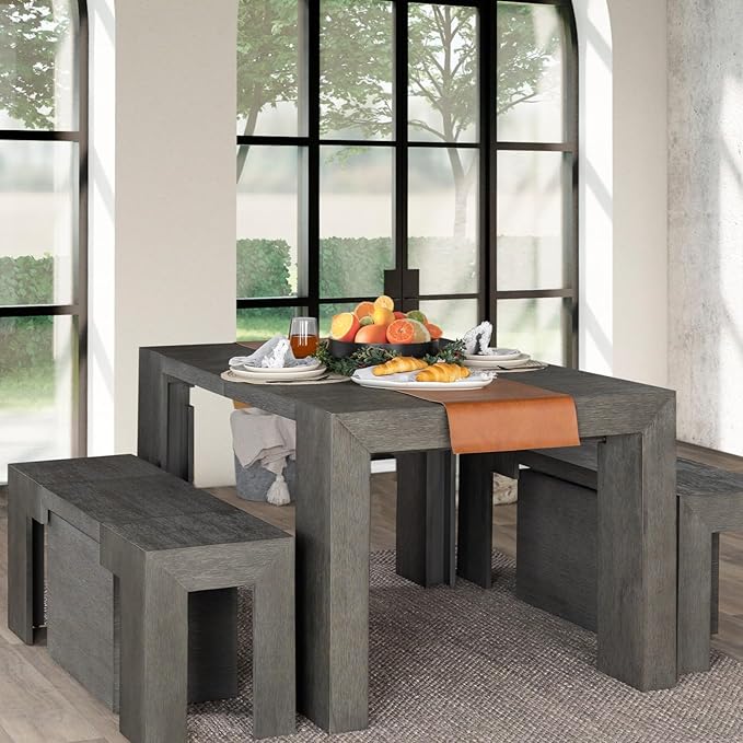 Transformer Table - Solid Wood Extendable Dining Table, Seats 2-12, Extendable Dining Room Table, Space-Saving Furniture, Expandable Dining Furniture (Dark Grey, Table + 2 Benches)