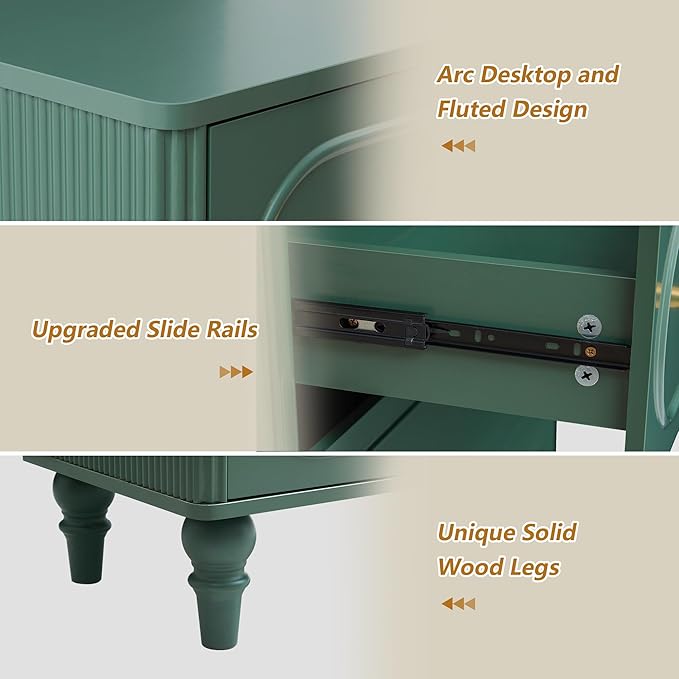 5 Drawer Fluted Dresser for Bedroom Set of 2, Mid Century Modern Chest of Drawers, Wood Storage Large Dresser Organizer for Bedroom Living Room Hallway Closet, Green