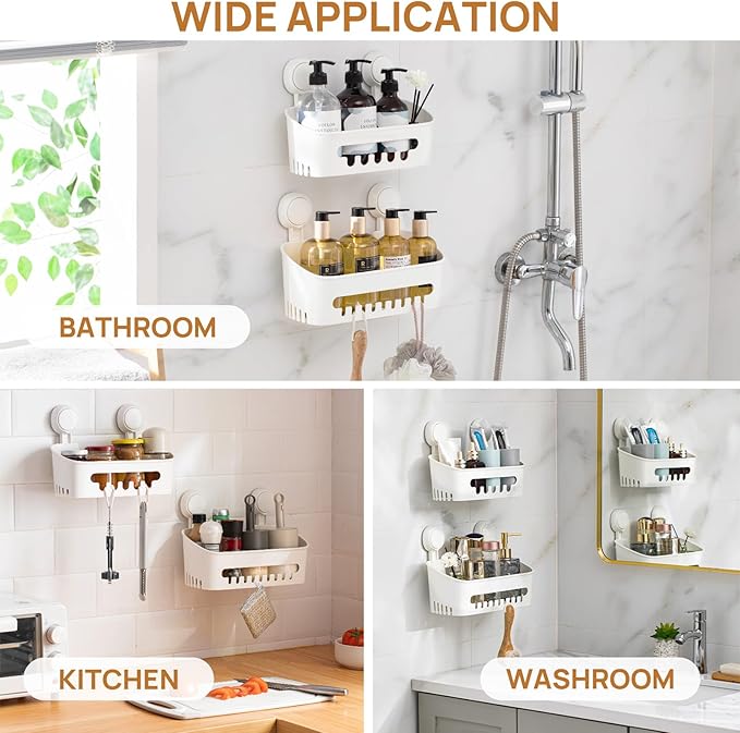 LEVERLOC Shower Caddy Suction Cup Shelf Basket Pack of 2 One Second Installation Removable Powerful Suction Cup Bathroom Organizer Max Hold 22lbs Shower Storage Plastic