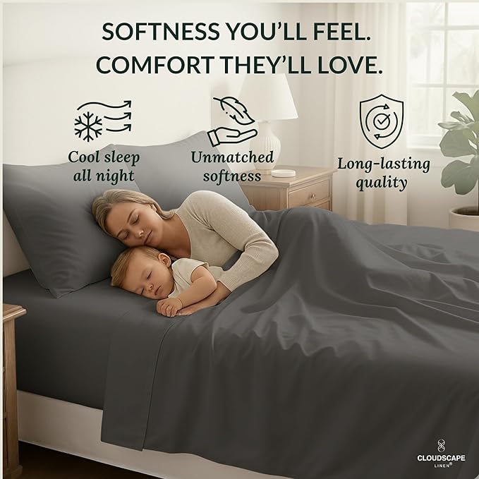 Cloud Scape Linen 100% Egyptian Cotton Sheets for Queen Size Bed, 400 Thread Count, 4 Pieces Bedding Set, Hotel Quality, Silky Soft, Deep Pockets up to 17”, Charcoal