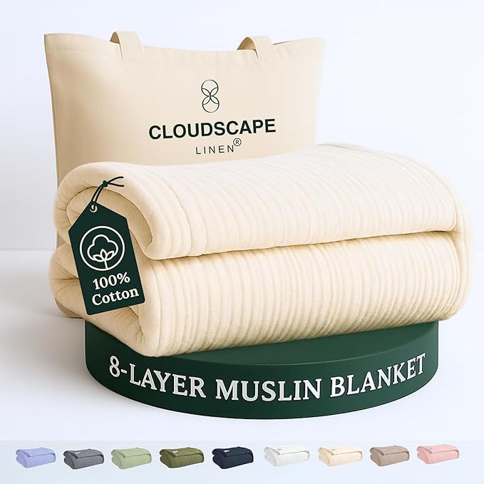 Cloud Scape Linen 8-Layer Muslin Blanket Queen Size - 100% Cotton, Soft and Breathable, Oversized Winter Blanket, Fits up to Full Size Bed, 92x92, Ivory