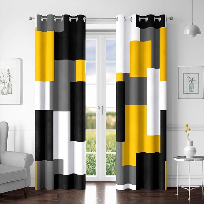 Yellow 100% Blackout Curtains for Bedroom 96 inch Long 2 Panels Set Mustard Yellow Grey Modern Abstract Geometric Black Out Curtains Room Darkening Window Drapes for Living Room, 52Wx96L