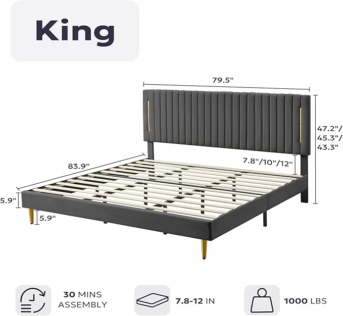 King Platform Bed Frame, Velvet Upholstered Bedframe with Vertical Channel Adjustable Headboard, Golden Plating Trim, Mattress Foundation with Wooden Slats, No Box Spring Needed, Grey