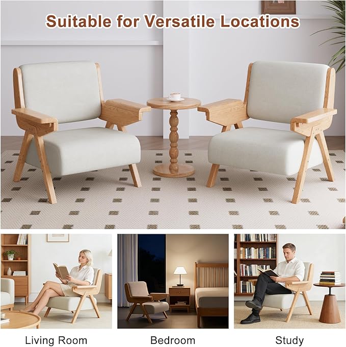 Accent Chair Mid Century Modern Chair, Velvet Upholstered Lounge Arm Chair with Solid Wood, Cozy Reading Chair for Living Room, Bedroom, Balcony(White)