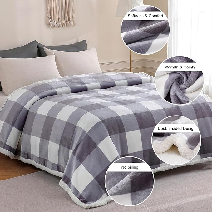 Sherpa Blanket Throw Blanket for Couch Sherpa Fleece Blanket Fluffy Checkered Soft Blanket for All Season Use Cozy Thick Warm Big Throws (Grey-Soft White, 80"*90")