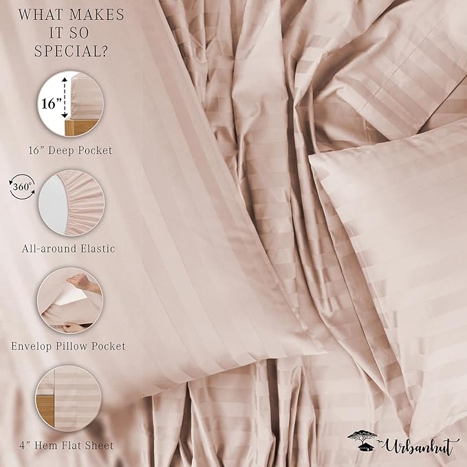 URBANHUT 800 Thread Count 100% Cotton Damask Twin Size Sheets, 4 Piece Striped Twin Size Bedsheets, Luxury Hotel Sheets Sateen Weave - Better Than Egyptian, 14" Elasticized Deep Pocket- Blush Pink