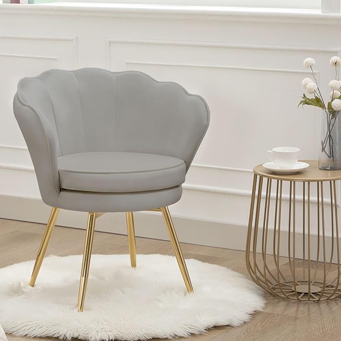 Accent Chairs Set of 2, Velvet Vanity Chair with Back, Mid-Century Modern Small Accent Chair for Living Room, Golden Metal Legs Upholstered Makeup Chair, Bedroom Armchair, Grey