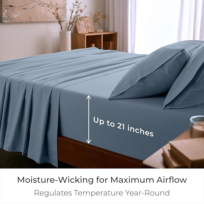 Mellanni California King Sheet Set - 6-Piece Iconic Collection Bedding, (Including 4 Pillowcases), 21-Inch Extra Deep Pocket, Easy Care, Ultra Soft, Cooling Sheets, Brushed Microfiber - Blue Hydrangea