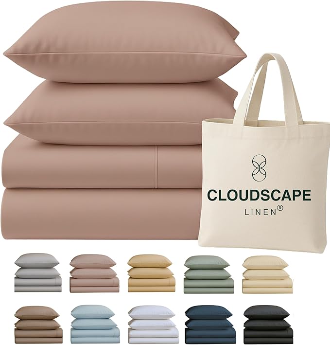Cloud Scape Linen 100% Egyptian Cotton Sheets for Queen Size Bed, 400 Thread Count, 4 Pieces Bedding Set, Hotel Quality, Silky Soft, Deep Pockets up to 17”, Sepia Rose