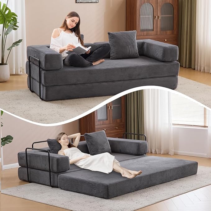 4-in-1 Convertible Folding Sleeper Sofa Bed, Fold Out Floor Sofa Couch with Fixed-Shape Frame, Cloud Corduroy Foldable Mattress Couch for Living Room Bedroom (78.5" Corduroy, Dark Grey)