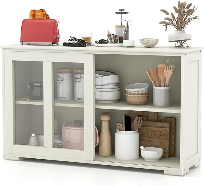 Costzon Sideboard Buffet Cabinet of 2, Wooden Kitchen Storage Cabinet with Adjustable Shelf, Sliding Glass Doors, Accent Coffee Bar Cabinet Console Table for Living Room, Dining Room, Hallway