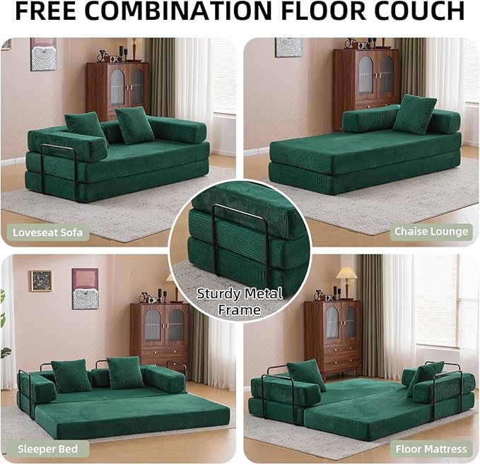 4-in-1 Convertible Folding Sleeper Sofa Bed, Fold Out Floor Sofa Couch with Fixed-Shape Frame, Cloud Corduroy Foldable Mattress Couch for Living Room Bedroom (78.5" Corduroy, Dark Green)