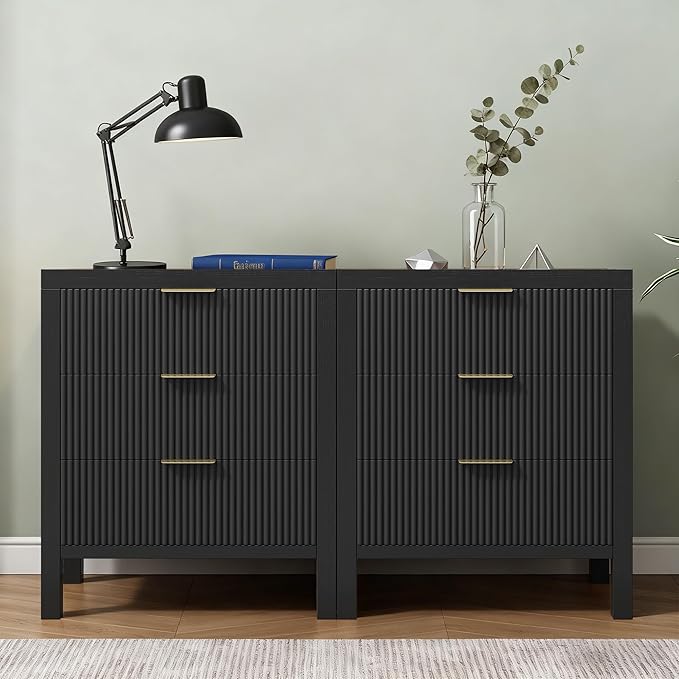 Fluted Nightstands Set of 2, Wooden Farmhouse Night Stands with 6 Drawer Bedside Table - Boho Tall End Table Accent Table for Bedroom, Living Room, （Black 2PCS）