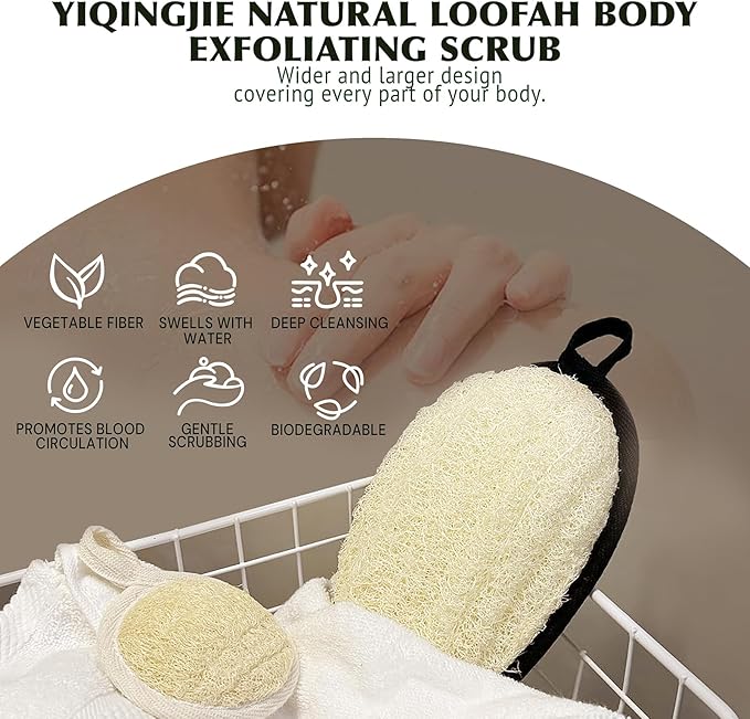 Natural Shower Loofah Sponge Exfoliating Body Scrubber，Natural Organic Beauty Exfoliating Loofah for Men and Women, Suitable for Cleansing Face Scrubber and Body Bath,Large Black(2 Pack)