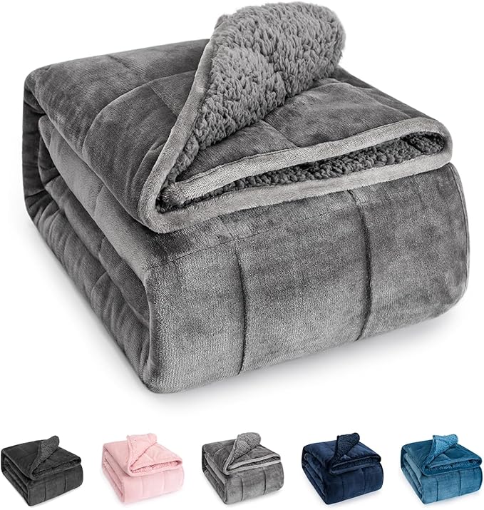 Sivio Weighted Blanket for Adult, 15 lbs Sherpa Heavy Blanket with Soft Flannel Reversible, Queen Size, Extra Warm Cozy Fluffy Weighted Blanket, 60x80 Inches Dual Sided Grey