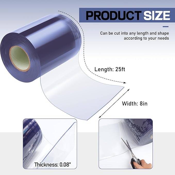 Moukeren Plastic Door Curtain for Winter 26 ft x 8 Inch Thermal Insulated Garage Door Strip Curtains Smooth Waterproof Clear PVC Strip Curtain for Warehouse Freezer Garage, 0.08" Thickness(Classic)