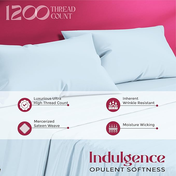 Mayfair Linen 100% Egyptian Cotton Sheets King Size - Luxury 1200 High Thread Count Egyptian Cotton King Size Sheets Set (4 PC, Light Blue), Soft, Cooling, 17" Deep Pocket Sateen Weave Hotel Bedding