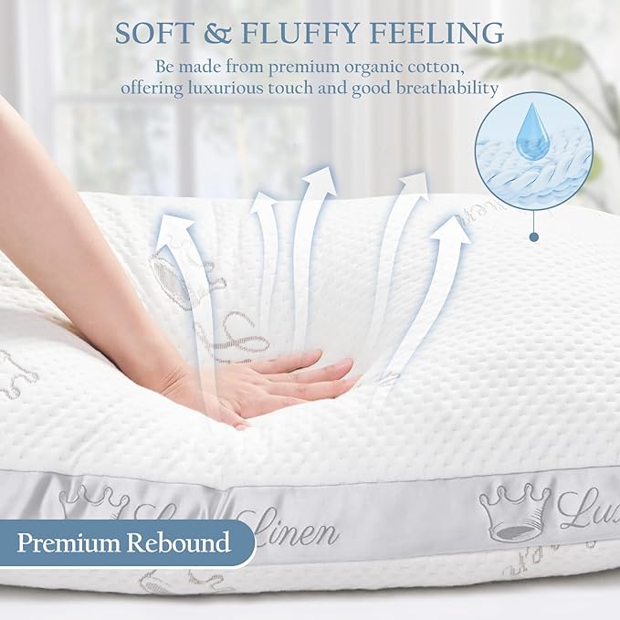 Organic Cotton Queen Bed Pillows, Shredded Memory Foam Pillows, Adjustable Bed Pillow for Sleeping, 20"x30"Organic Cotton Bed Pillows for Side, Back, Stomach Sleepers（Pack of 1）