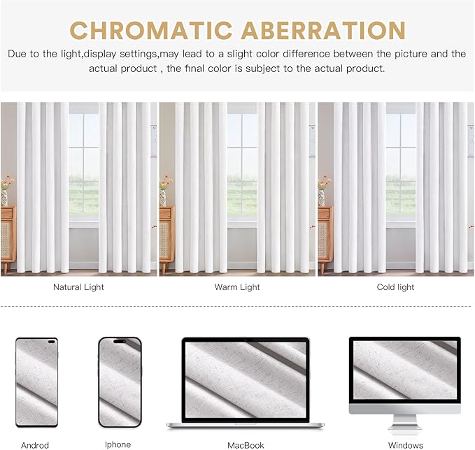 PrinceDeco Natural Linen Curtains 100% Blackout Curtains for Living Room 96 Inch Long,Heat & Light Blocking Curtains for Kids Bedroom Thermal Insulated Window Drapes 2 Panels Set - Heathered White