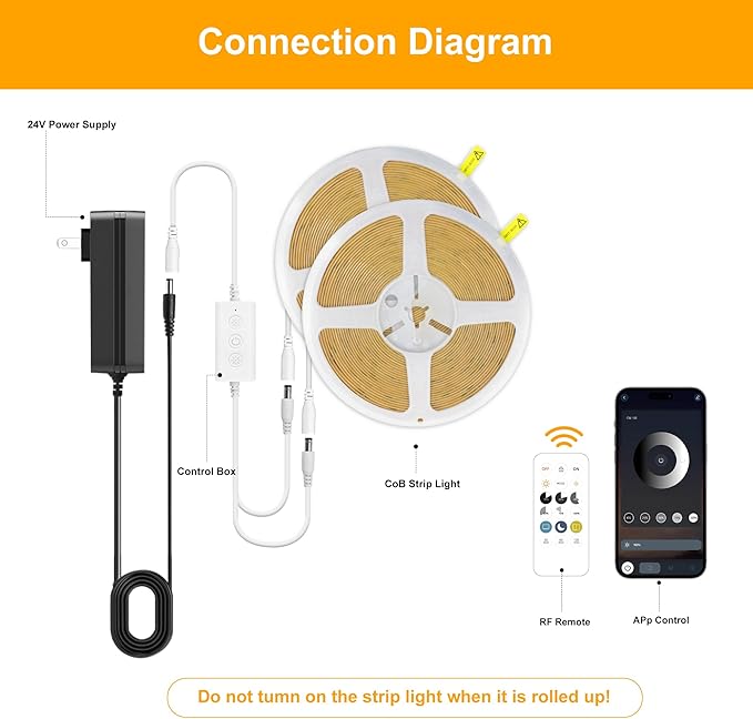 COB LED Strip Lights Cool White,24V Dimmable led Light Strip KIT with Remote and app Control,6000K 50FT/15m 8mm Wide Ra>90 Cuttable Flexible Strip Lights for Bedroom,Wardrobe,Cabinet