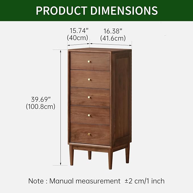 Solid Walnut Nightstand, Solid Wood Dresser with Drawers, Mid Century 5 Drawer Dresser for Beroom, 39.69" Tall Dresser for Living Room, Wooden Side End Tables for Hallway