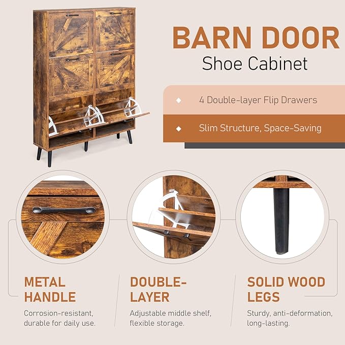 VINGLI 6 Flip Drawer Shoe Cabinet for Entryway, Rustic Brown Shoe Storage Cabinet with 5 Solid Wood Legs, Farmhouse Barn Door Design Tall Shoe Organizer for Hallway, Bedroom, or Living Room