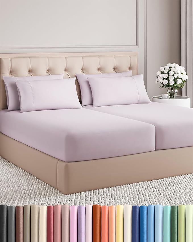 Split King 7 Piece Sheet Set - Cooling & Breathable - Hotel Luxury Bedding Includes Fitted Sheets for Women, Men, Kids & Teens - 1 Flat, 2 Fitted Sheets, 4 Pillowcases w/Deep Pockets - Light Lavender