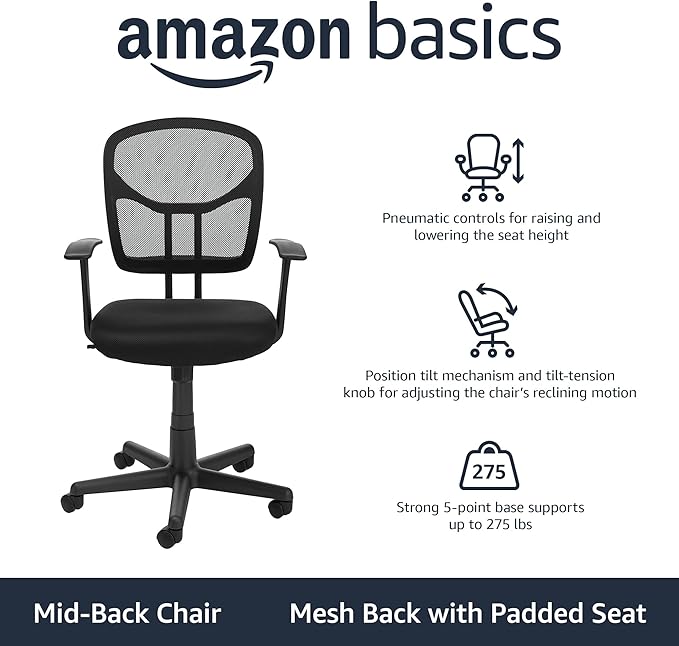 Amazon Basics Mesh Mid-Back Adjustable-Height 360-Degree Swivel Office Desk Chair with Armrests, Lumbar Support and Easy to Assemble, Black