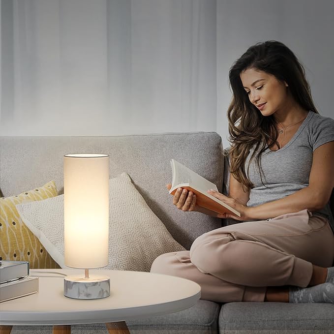 Touch Table Lamp with Metal Base Covered with Marble Grain, 3 Way Dimmable Modern Bedside Nightstand Lamp with White Shade, Simple Night Light for Bedroom Living Room Home Office, LED Bulb Included
