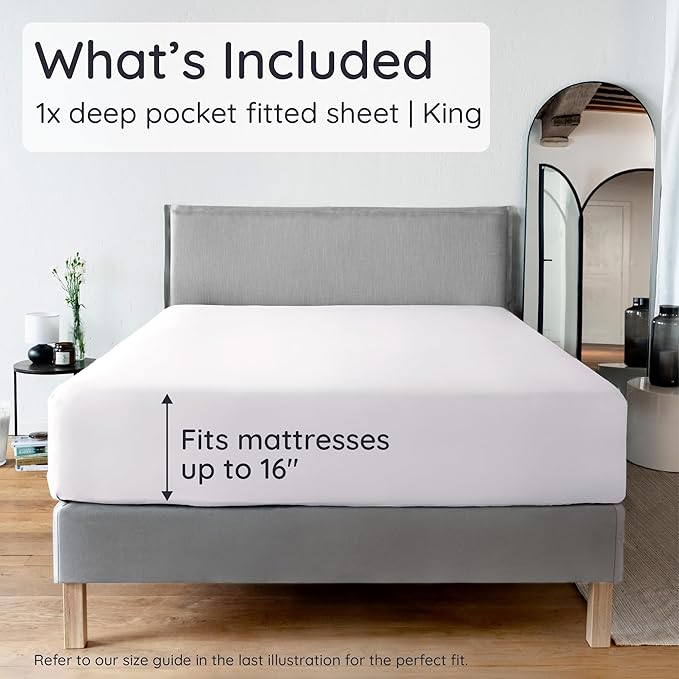 Bambaw King White Fitted Sheet Only, 100% Viscose Derived from Bamboo Sheet, Cooling Fitted Sheet King Size, 16” Deep Pocket Sheet (White)