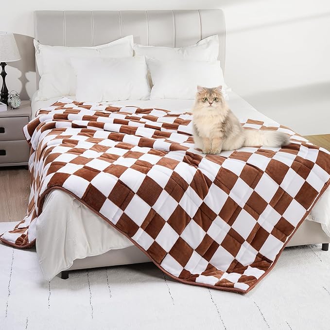 Checkerboard Weighted Blanket Queen Size 15 lbs for Adults, Fluffy Sherpa Luxurious Flannel Heavy Weighted Blankets for Bed Couch Sofa, Ultra Soft Cozy Bed Blanket, Plaid Khaki, 60" x 80"