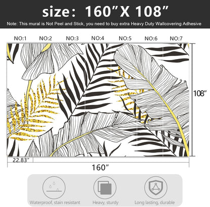 -Black and Gold Tropical Botanical Banana Leaf Fabric Wallpaper Living Room Bedroom Bathroom Abstract Plant Large Wall Mural- 160"x108"（ not Peel and Stick）