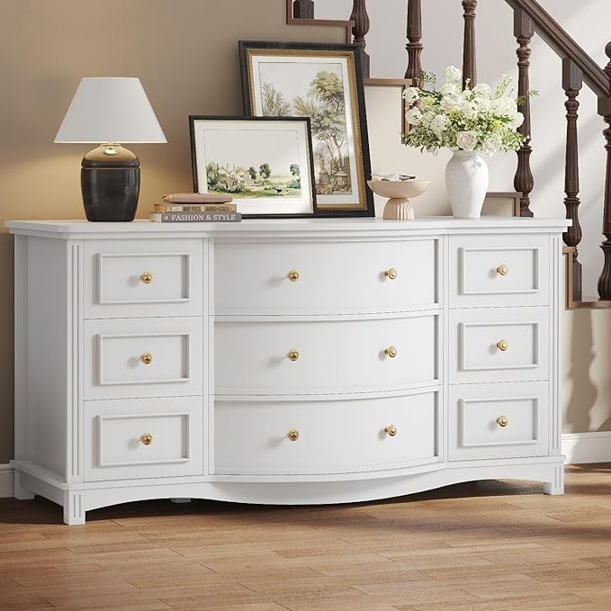 9-Drawer Chest, Wide Dresser with 3 Large Arc Fronts,Roman Column Decor, Spacious Bedroom Storage Furniture, 55 Inch Long (White, 9 Drawer)